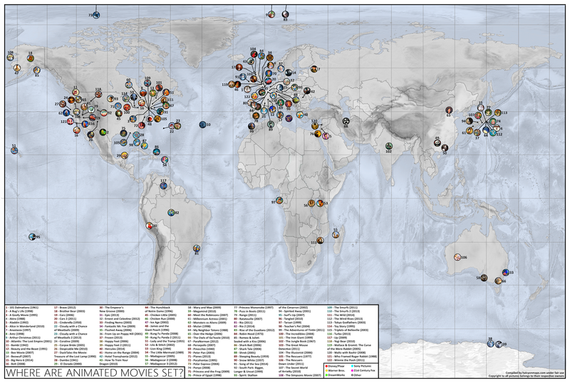 Illustration for article titled Map shows the location of popular animated movies across the world